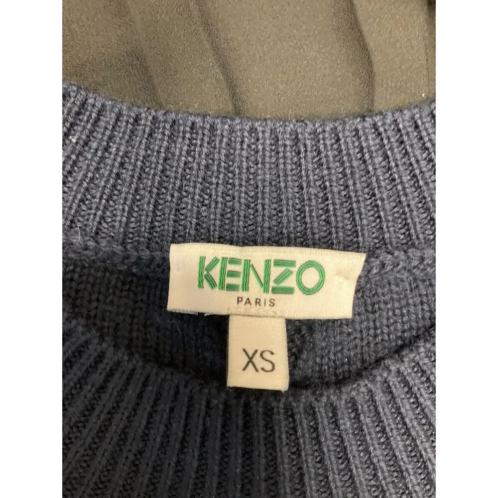 KENZO Blue Black Wool Cable Knit Layered Mixed Media Pleated Crepe Dress Size XS - Picture 4 of 6